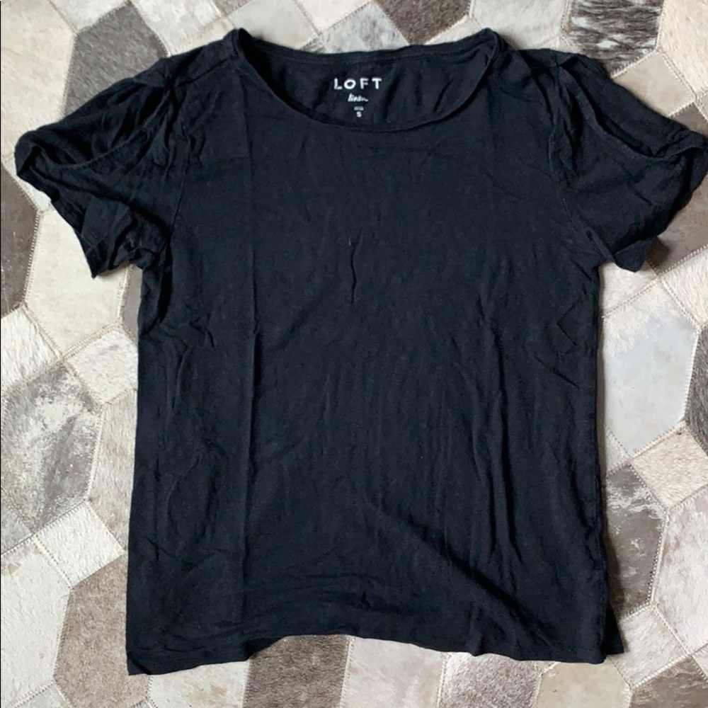 LOFT Black Linen Tee with Twist Tie Sleeves